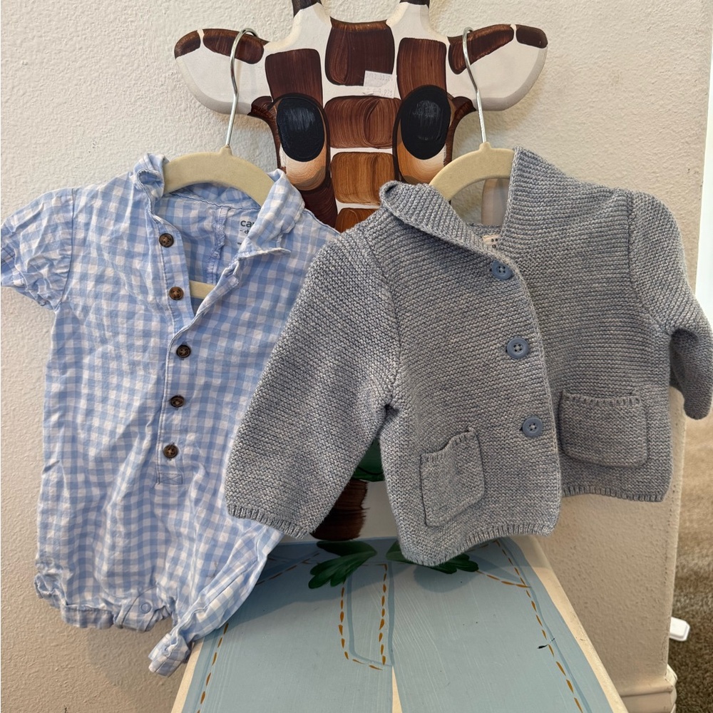 Light Blue Gingham Baby Romper & Heather Gray Knit Cardigan Set